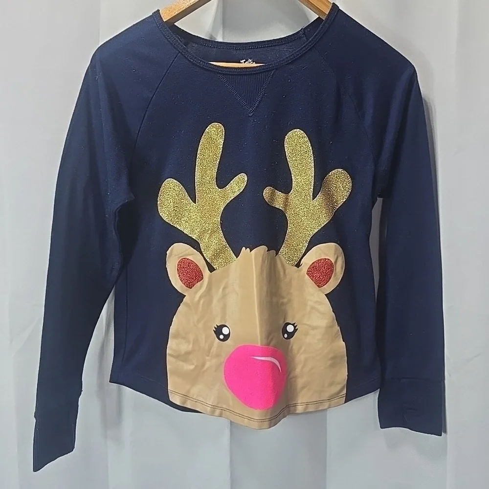 Justice Reindeer Pajama Set Girls 12 Navy Red Buffalo‎ Plaid Holiday Sleepwear